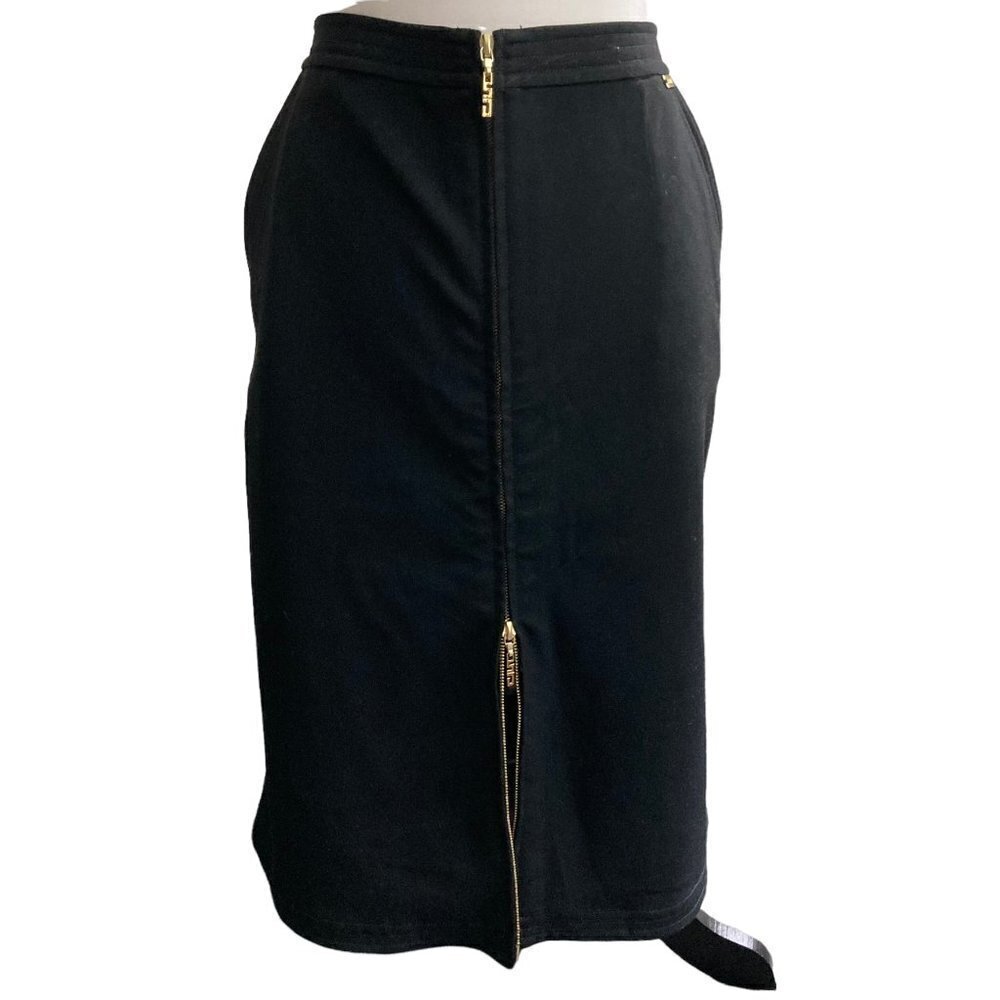ST. JOHN Black Midi Pencil Skirt Exposed Gold Zippers US 12
